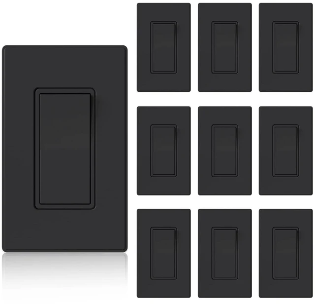 Main image of ELEGRP Matte Black 3 Way Decorative Light Switch with Plate, 15Amp, 120-277 Volt, AC Rocker Paddle Wall Switch Replacement, Self-Grounding, Residential Grade, w/Wall Plate, UL Listed (10 Pack)