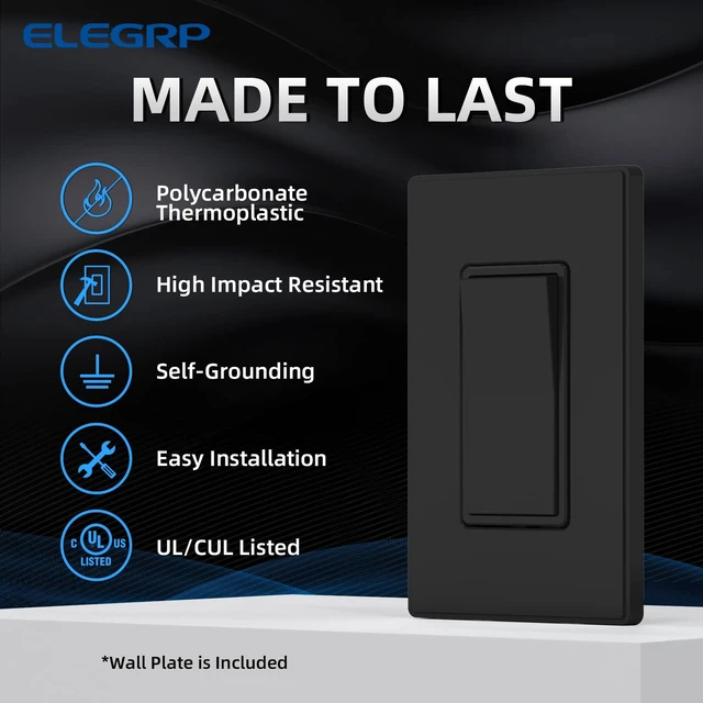 Alt view image 2 of 7 - ELEGRP Matte Black 3 Way Decorative Light Switch with Plate, 15Amp, 120-277 Volt, AC Rocker Paddle Wall Switch Replacement, Self-Grounding, Residential Grade, w/Wall Plate, UL Listed (10 Pack)