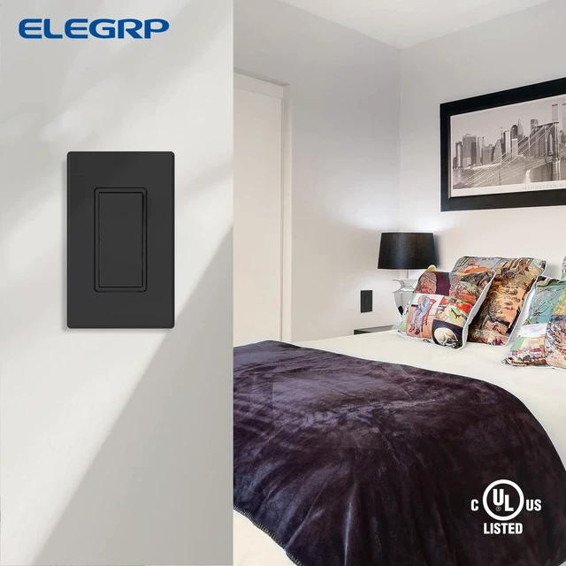 Alt view image 7 of 7 - ELEGRP Matte Black 3 Way Decorative Light Switch with Plate, 15Amp, 120-277 Volt, AC Rocker Paddle Wall Switch Replacement, Self-Grounding, Residential Grade, w/Wall Plate, UL Listed (10 Pack)
