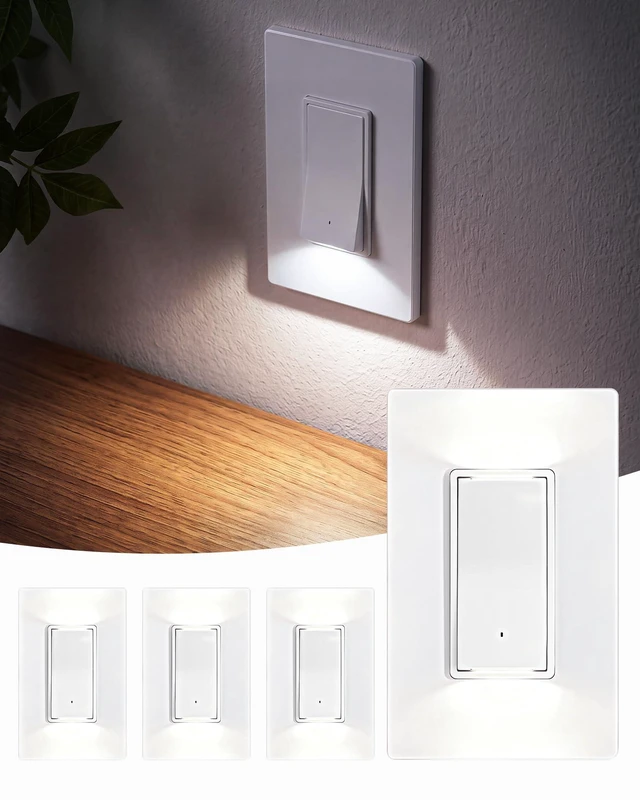 Main image of SURAIELEC 3-Way Switch with Guide Light, 3000K LED Night Light, UL Listed | Dusk-to-Dawn Light Switch, 15A 120/277V 3-Way Switch for Stairs, Hallways & Bedrooms, Wall Plate Included, 4Pcs