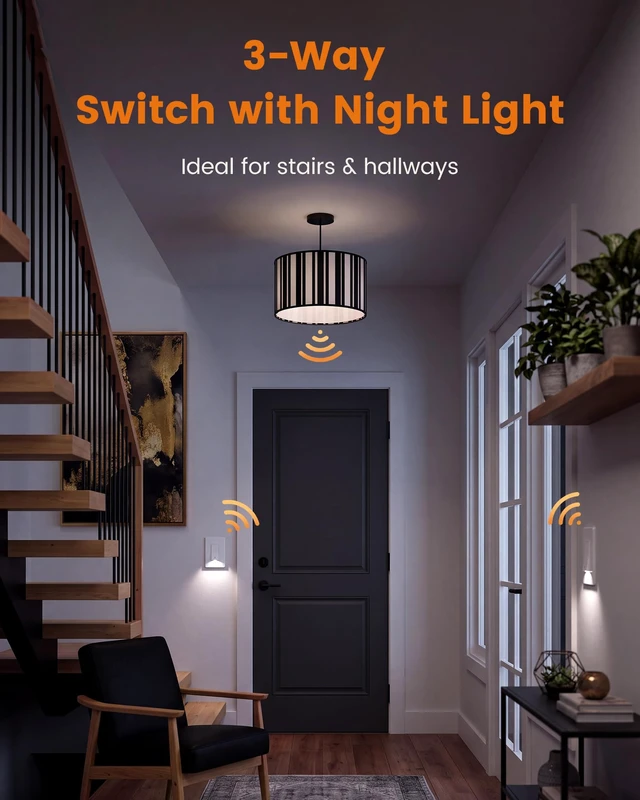 Alt view image 3 of 7 - SURAIELEC 3-Way Switch with Guide Light, 3000K LED Night Light, UL Listed | Dusk-to-Dawn Light Switch, 15A 120/277V 3-Way Switch for Stairs, Hallways & Bedrooms, Wall Plate Included, 4Pcs