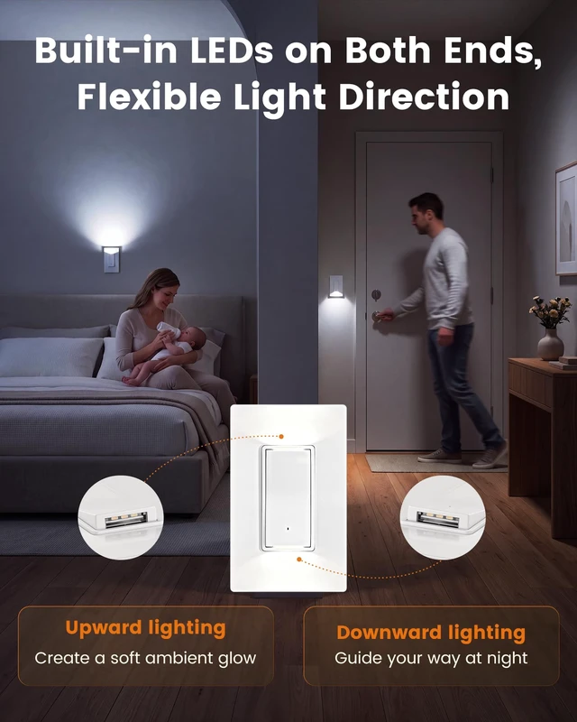 Alt view image 4 of 7 - SURAIELEC 3-Way Switch with Guide Light, 3000K LED Night Light, UL Listed | Dusk-to-Dawn Light Switch, 15A 120/277V 3-Way Switch for Stairs, Hallways & Bedrooms, Wall Plate Included, 4Pcs