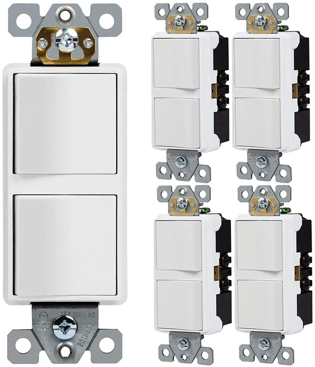 Main image of ENERLITES White Double Paddle Decorator Single Pole Switch, 15A, 5 Pack | Rocker Combination design, 120-277VAC, Clamp-Type Back Insert Wiring, Copper Wires Only, Residential/Commercial Grade