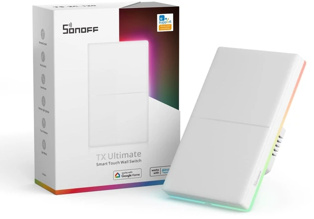 Main image of SONOFF Smart Light Switch, 2.4GHz WiFi Interruptor Inteligente, Neutral Wire Required, Voice Control with Alexa and Google Home, Touch Button, Wall Mounting, T5 2 Gang 1 Way
