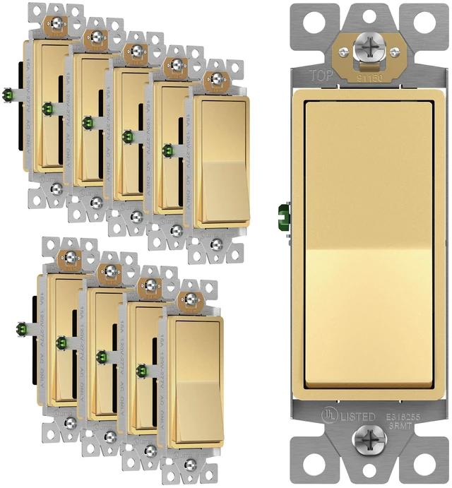 Main image of ENERLITES Gold Single Pole Decorator Paddle Light Switch, 15A, 10 Pack | Decorative Rocker Switch, 120V/277V, 3 Wire, Grounding Screw, Residential Grade, Gloss Finish, UL Listed
