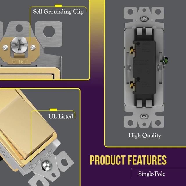 Alt view image 4 of 7 - ENERLITES Gold Single Pole Decorator Paddle Light Switch, 15A, 10 Pack | Decorative Rocker Switch, 120V/277V, 3 Wire, Grounding Screw, Residential Grade, Gloss Finish, UL Listed