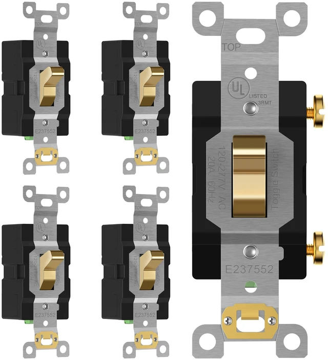 Main image of TG 5 Pack 20 Amp Commercial Toggle Light Switch, Single Pole, Gold | UL Listed, Heavy-Duty Build, Commercial/Industrial Grade, Back & Side Wire, High-Power Rated, 120V/277V AC, Easy Installation