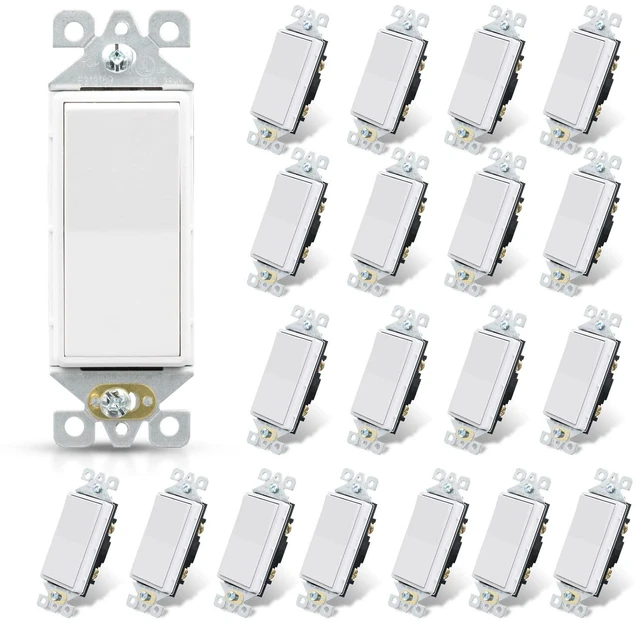 Main image of ELEGRP Glossy White Single Pole Decorator Light Switch, 15Amp, 120-277V, Decorative Paddle Rocker Switch Replacement, On/Off Wall Switch, Self-Grounding, Residential/Commercial Grade, 20 Pack, UL/CUL,