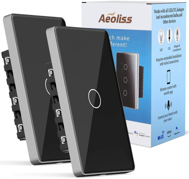 Main image of AEOLISS 2.4GHz WiFi Smart Touch Wall Single Fire Smart Light Switch, Need Neutral Wire, Glass Panel Light Switch Work with Smart Life/Tuya App, Alexa and Google Home (Black 1 Gang)