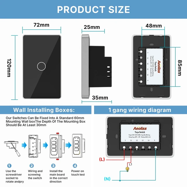 Alt view image 6 of 7 - AEOLISS 2.4GHz WiFi Smart Touch Wall Single Fire Smart Light Switch, Need Neutral Wire, Glass Panel Light Switch Work with Smart Life/Tuya App, Alexa and Google Home (Black 1 Gang)