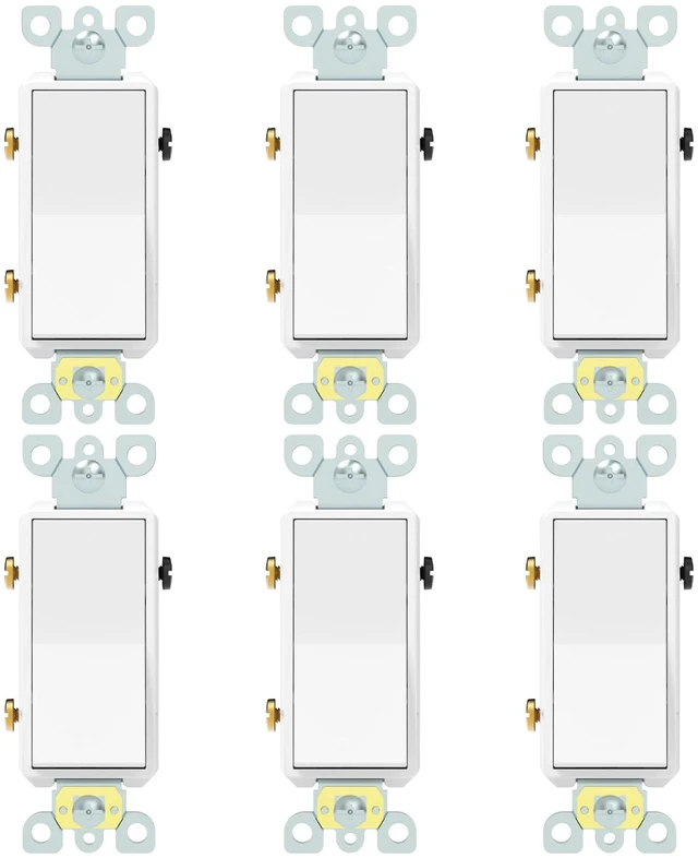 Main image of ThunderWay 3 Way Decorator Light Switch, 20A 120V/277V, Three Way White Paddle Rocker Switches Replacement, Grounding Screw, Commercial Grade, UL Listed,Back Insert and Side Terminals (6 Pack)