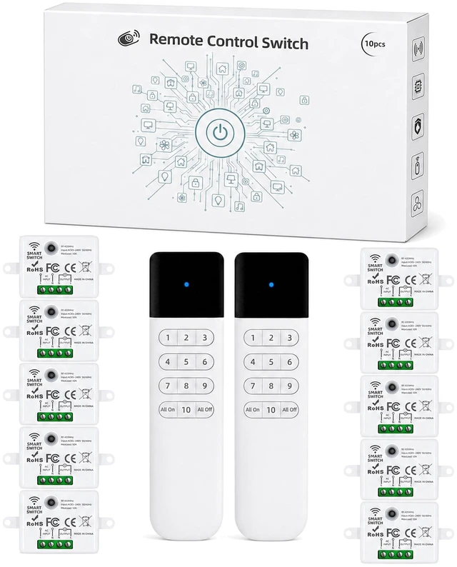 Main image of XUK Wireless Light Switch and Receiver Kit, 10A, 2 Switches, 10 Receivers | RF remote light switch for LED lamps and ceiling lights; up to 300FT in open areas, one switch pairs with multiple receivers