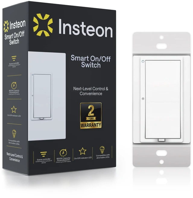 Main image of Insteon Smart On/Off Wall Switch, Lights, Fans & Motors Up to 1HP - 2477S | 1800W, Dual-Band Smart Scene Controller, Neutral Wire Required, Hub Only Required for Amazon Alexa & Google Home Assistant