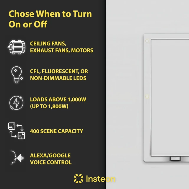 Alt view image 4 of 6 - Insteon Smart On/Off Wall Switch, Lights, Fans & Motors Up to 1HP - 2477S | 1800W, Dual-Band Smart Scene Controller, Neutral Wire Required, Hub Only Required for Amazon Alexa & Google Home Assistant