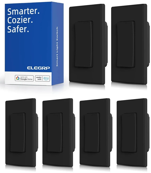 Main image of ELEGRP Smart Light Switch, 2.4GHz Wi-Fi Light Switch Compatible with Alexa & Google Assistant, Neutral Wire Required, APP Control and Timer Schedule, UL Certified,Single Pole, Black, 6 Pack