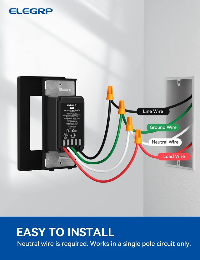 Alt view image 7 of 7 - ELEGRP Smart Light Switch, 2.4GHz Wi-Fi Light Switch Compatible with Alexa & Google Assistant, Neutral Wire Required, APP Control and Timer Schedule, UL Certified,Single Pole, Black, 6 Pack