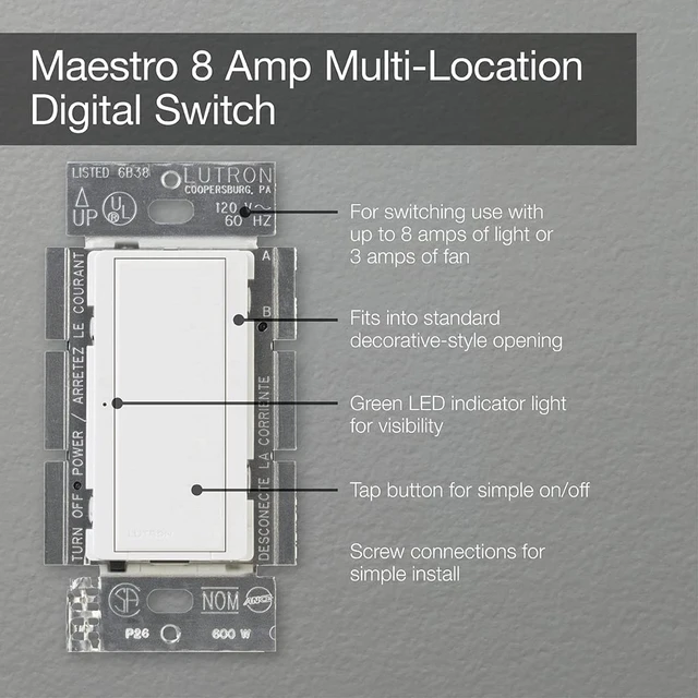 Alt view image 4 of 5 - Lutron Maestro Digital Switch, 8A Single Pole/Multi Location, MA-S8AM-WH, White
