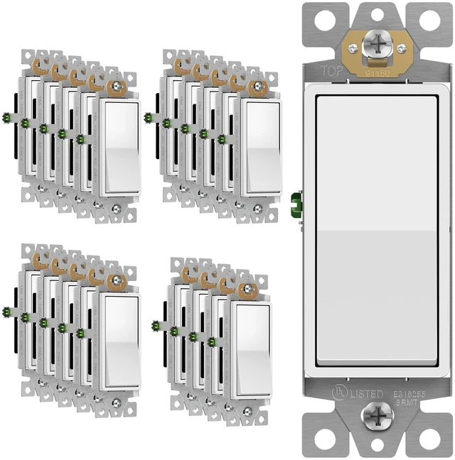 Main image of ENERLITES White Single Pole Decorator Paddle Light Switch, 15A, 20 Pack | Decorative Rocker Switch, 120V/277V, 3 Wire, Grounding Screw, Residential Grade, Gloss Finish, UL Listed