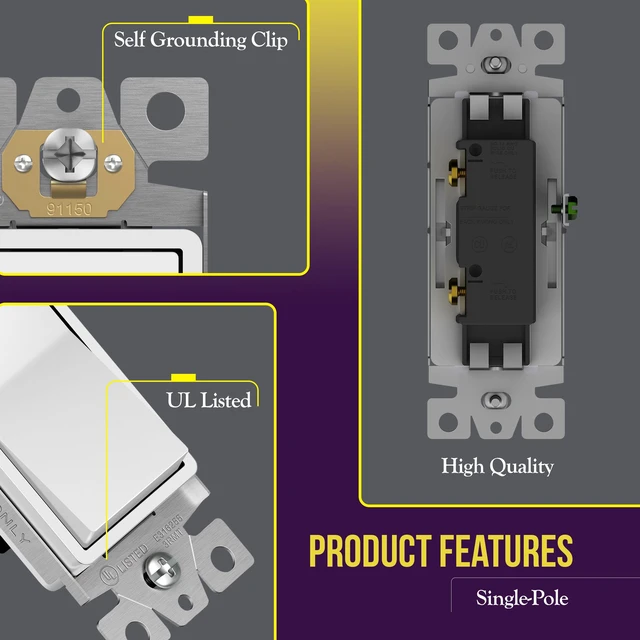 Alt view image 3 of 6 - ENERLITES White Single Pole Decorator Paddle Light Switch, 15A, 20 Pack | Decorative Rocker Switch, 120V/277V, 3 Wire, Grounding Screw, Residential Grade, Gloss Finish, UL Listed