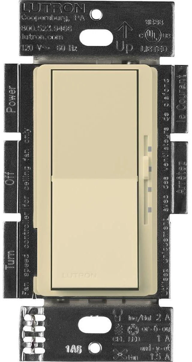 Main image of Lutron Diva 3-Speed Fan Control and Light Switch, Single-Pole, 1.5A Fan/1A LED, DVFSQ-LF-IV, Ivory