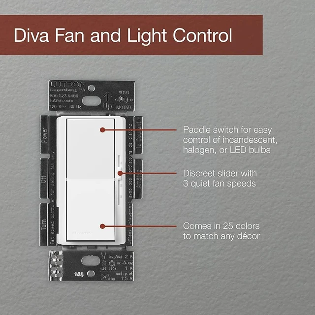 Alt view image 3 of 5 - Lutron Diva 3-Speed Fan Control and Light Switch, Single-Pole, 1.5A Fan/1A LED, DVFSQ-LF-IV, Ivory