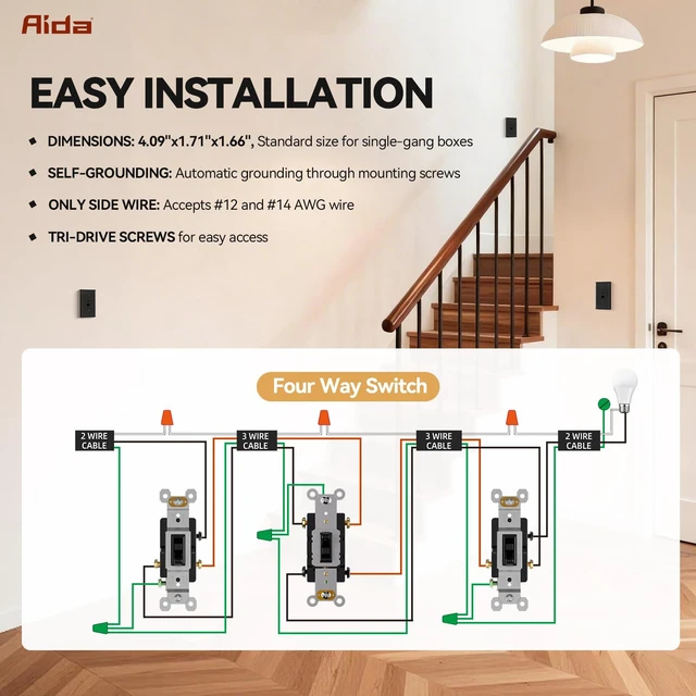 Alt view image 4 of 7 - AIDA 4 Way Toggle Light Switch, 15 Amp, 120 Volt, Toggle Framed AC Quiet Switch, in Wall On/Off Switch Replacement, Self-Grounding, Residential and Commercial Grade, UL,Glossy Black, 20 Pack