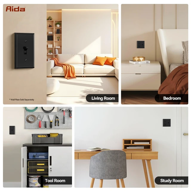 Alt view image 6 of 7 - AIDA 4 Way Toggle Light Switch, 15 Amp, 120 Volt, Toggle Framed AC Quiet Switch, in Wall On/Off Switch Replacement, Self-Grounding, Residential and Commercial Grade, UL,Glossy Black, 20 Pack