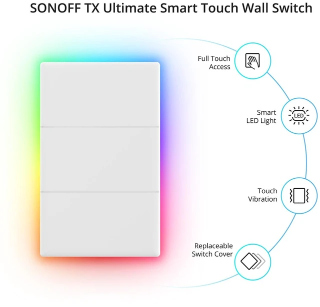 Alt view image 2 of 7 - SONOFF Smart Light Switch, 2.4GHz WiFi Interruptor Inteligente, Neutral Wire Required, Voice Control with Alexa and Google Home, Touch Button, Wall Mounting, T5 3 Gang 1 Way