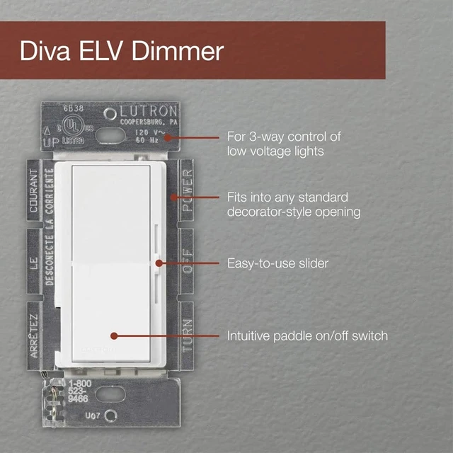 Alt view image 4 of 5 - Lutron Diva Electronic Low Voltage Dimmer | 300-Watt, Single-Pole or 3-Way | DVELV-303P-WH, White