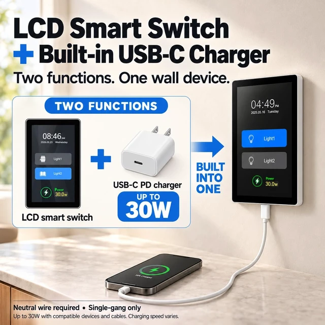 Alt view image 2 of 7 - LANBON L10 FusionCharge 4.5-Inch LCD Smart Light Switch with 30W USB-C PD Fast Charging, LANBON Smart Living App, 1- or 2-Load Control, 2.4GHz WiFi, Neutral Wire Required, Single-Gang Only