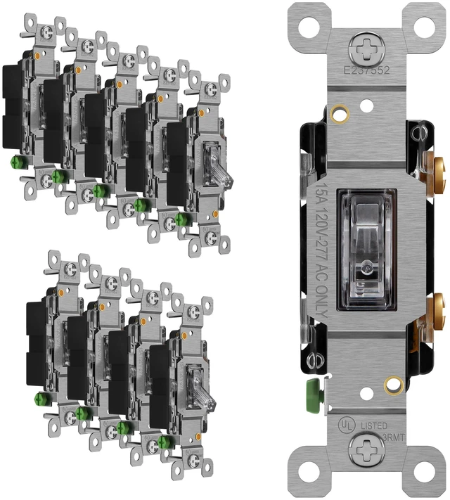 Main image of ENERLITES Illuminated Toggle Light Switch, 15 Amp, Single Pole, 10 Pack | Clear toggle lighted switch, gentle orange glow from edges, dark-space navigation, UL Listed, easy to install, versatile use