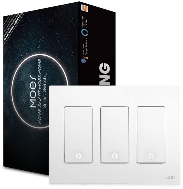 Main image of MoesGo 2nd Gen WiFi Smart Light Switch, Star Ring Backlight, White 3 Gang | Wireless multi-control, 2.4GHz WiFi, neutral wire required, MOES Smart Life app, random schedule, Alexa and Google Home