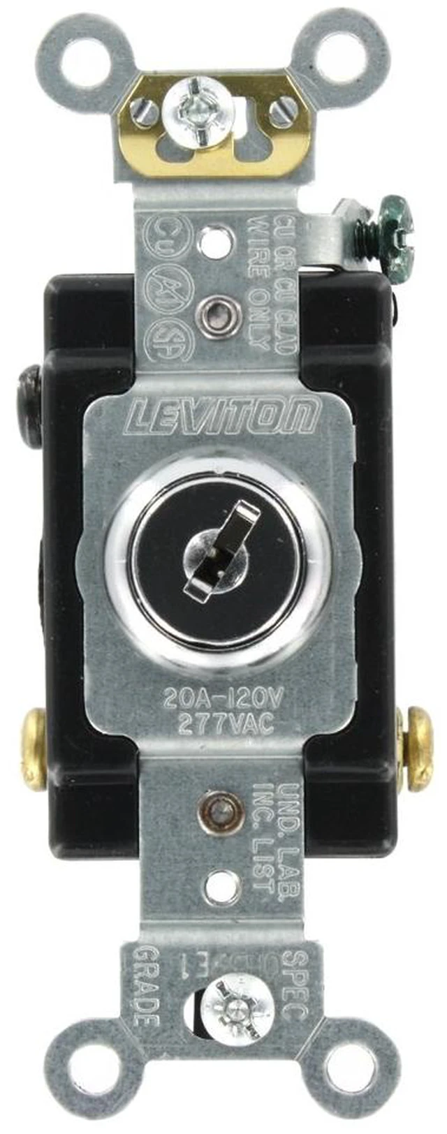 Main image of Leviton 20-Amp, 120/277-Volt, Key Locking, 3-Way AC Quiet Switch, Extra Heavy Duty Grade, 1223-2KL, Chrome