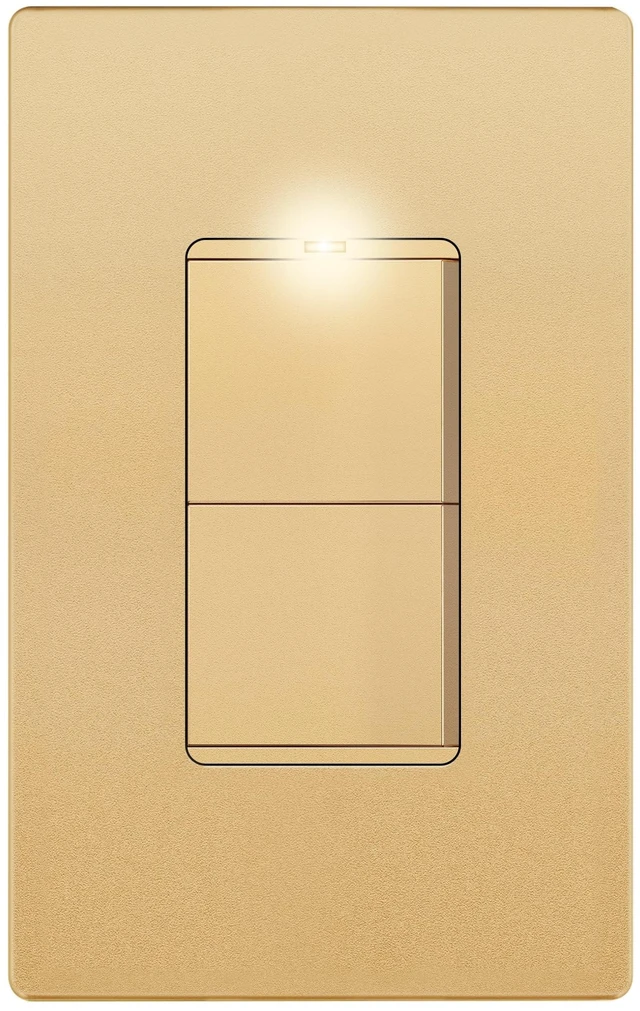Main image of LIDER Lighted Double Switch, Combination Frameless Decorator Switch, 15A | Locator Light, UL Listed, Matte Gold, Ground Terminal, Single Pole, Polycarbonate Thermoplastic