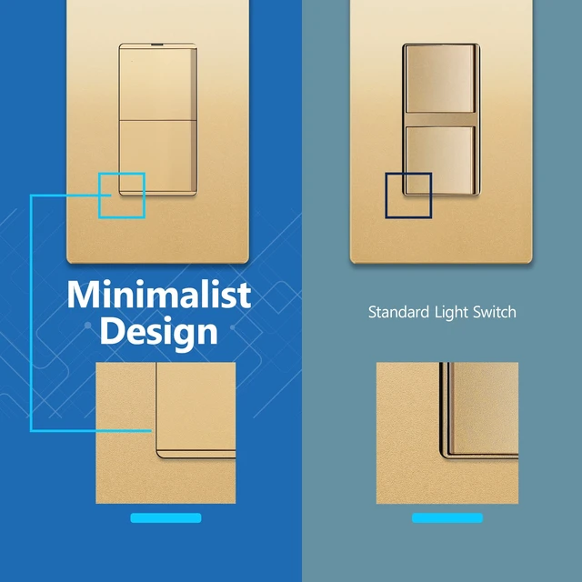 Alt view image 4 of 7 - LIDER Lighted Double Switch, Combination Frameless Decorator Switch, 15A | Locator Light, UL Listed, Matte Gold, Ground Terminal, Single Pole, Polycarbonate Thermoplastic