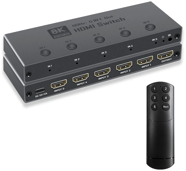 Main image of Enbuer 8K HDMI 2.1 Switch, HDMI 2.1 Switcher 5 in 1 Out Supports CEC 8K@60Hz, 4K@240Hz, 1080P@480Hz, HDCP 2.3 HDR 3D Dolby Atmos VRR Compatible with PS5 Xbox Blu-Ray Player with IR Remote Controller