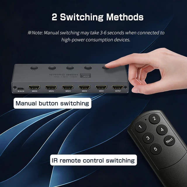 Alt view image 4 of 7 - Enbuer 8K HDMI 2.1 Switch, HDMI 2.1 Switcher 5 in 1 Out Supports CEC 8K@60Hz, 4K@240Hz, 1080P@480Hz, HDCP 2.3 HDR 3D Dolby Atmos VRR Compatible with PS5 Xbox Blu-Ray Player with IR Remote Controller