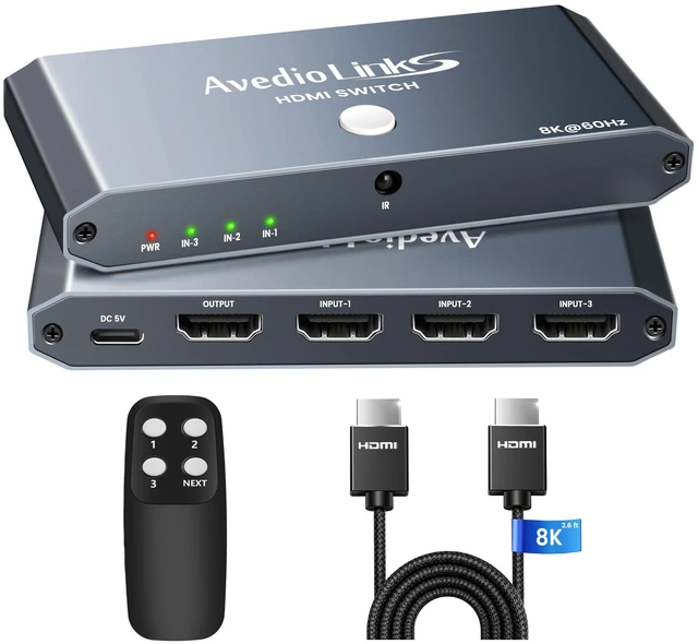 Main image of 4K@120Hz HDMI 2.1 Switch 3 in 1 Out with HDMI Cable, 8K@60Hz, 48Gbps Remote | 48Gbps, Auto Switching, HDR10+ & Dolby Vision/Atmos, HDCP 2.3, Aluminum Same-Side Ports, Works with PS5, Xbox
