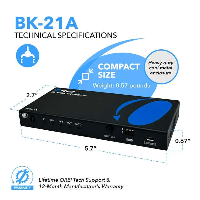 Alt view image 5 of 7 - OREI 8K HDMI 2.1 2-Port Switch with Audio Extractor 48 Gbps, 8K@60Hz, EDID | hdmi switch with audio extractor, hdmi 2 in 1 out, Audio Out, HDCP 2.3, Gaming & Streaming, IR Remote, Plug & Play