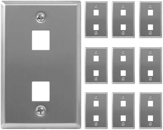 Main image of ICC 2-Port Stainless Steel Keystone Wall Plate, 1-Gang, RJ45, 10-Pack | Brushed finish, UL 1863 ANSI/TIA-568-C compliant, 22 GA construction, Cat6 Cat5e HDMI RG6 banana plug AV insert compatibility