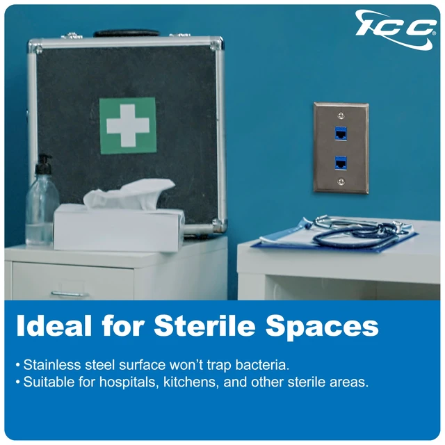 Alt view image 4 of 7 - ICC 2-Port Stainless Steel Keystone Wall Plate, 1-Gang, RJ45, 10-Pack | Brushed finish, UL 1863 ANSI/TIA-568-C compliant, 22 GA construction, Cat6 Cat5e HDMI RG6 banana plug AV insert compatibility