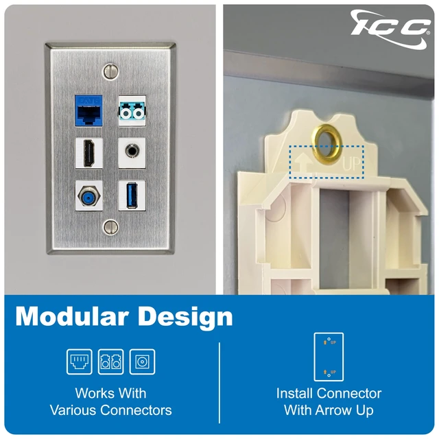 Alt view image 5 of 7 - ICC 2-Port Stainless Steel Keystone Wall Plate, 1-Gang, RJ45, 10-Pack | Brushed finish, UL 1863 ANSI/TIA-568-C compliant, 22 GA construction, Cat6 Cat5e HDMI RG6 banana plug AV insert compatibility