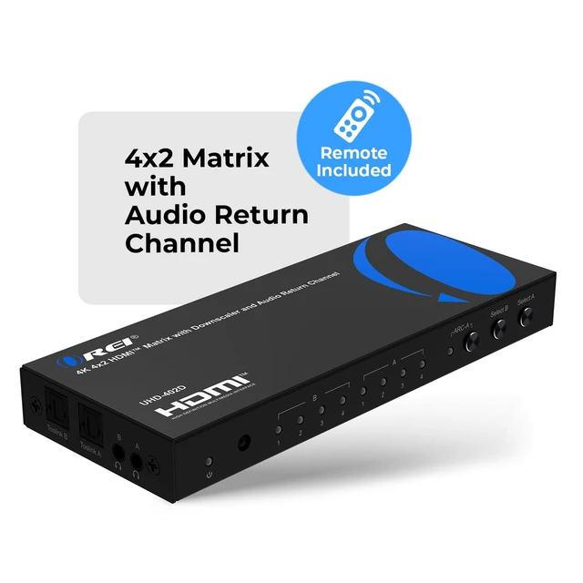 Alt view image 4 of 7 - OREI 4x2 HDMI Matrix Switch 4K@60Hz Audio Extraction, EDID, IR, HDCP 2.2 | 18Gbps Bandwidth, HDR, 12-bit Deep Color, Dolby TrueHD, DTS-HD Master Audio, Optical & 3.5mm Audio Outputs