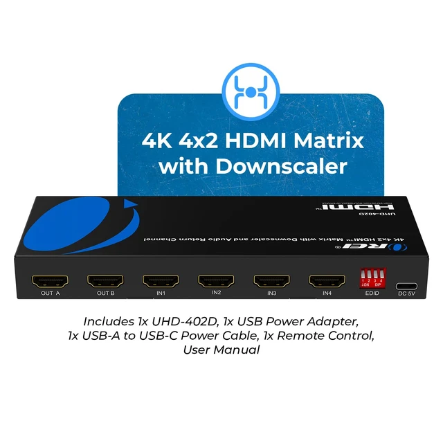 Alt view image 2 of 7 - OREI 4x2 HDMI Matrix Switch 4K@60Hz Audio Extraction, EDID, IR, HDCP 2.2 | 18Gbps Bandwidth, HDR, 12-bit Deep Color, Dolby TrueHD, DTS-HD Master Audio, Optical & 3.5mm Audio Outputs