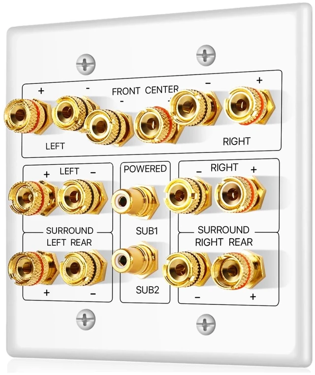 Main image of TNP 7.2 Home Theater Wall Plate, Dual RCA Subwoofer Jacks, 2-Gang White | Speaker Wall Plate for Surround Sound Setups with Banana Plug Binding Posts for 7 Speakers and Rca Jacks for 2 Subwoofers