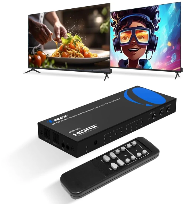 Main image of OREI 4x2 HDMI Matrix Switch 4K@60Hz Audio Extraction, EDID, IR, HDCP 2.2 | 18Gbps Bandwidth, HDR, 12-bit Deep Color, Dolby TrueHD, DTS-HD Master Audio, Optical & 3.5mm Audio Outputs