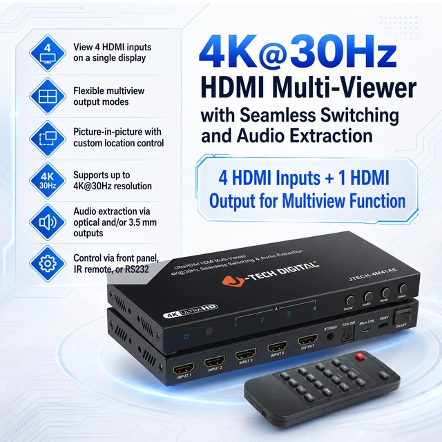 Alt view image 2 of 7 - J-Tech Digital 4K HDMI Multiviewer Switch 4 in 1 Out, 4x1 4K 30Hz HDMI Quad Multiviewer Seamless Switcher with PiP, 6 Viewing Modes, Audio Extraction via Optical 3.5mm (JTECH-MV41AE)