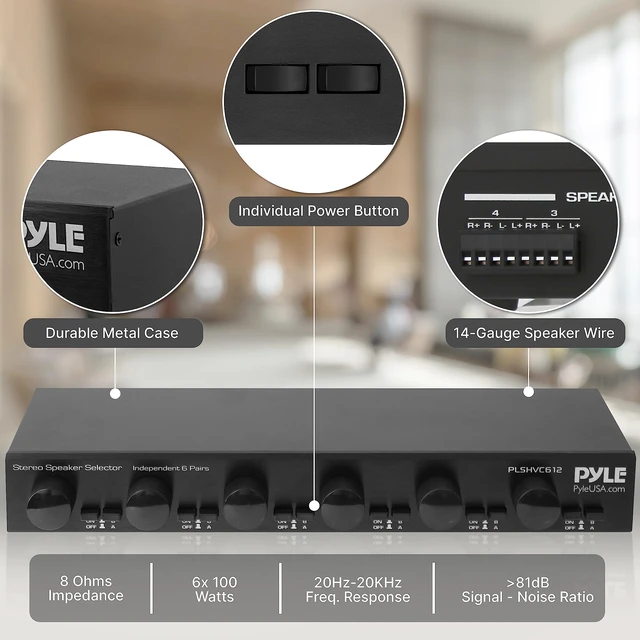 Alt view image 5 of 7 - Pyle 6 Channel High Power Stereo Speaker Selector with Volume Control - Rugged and Durable Housing Construction, Cabinet Heat Sink, Plug and Play Easy Install - PLSHVC612