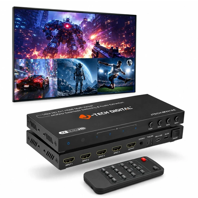 Main image of J-Tech Digital 4K HDMI Multiviewer Switch 4 in 1 Out, 4x1 4K 30Hz HDMI Quad Multiviewer Seamless Switcher with PiP, 6 Viewing Modes, Audio Extraction via Optical 3.5mm (JTECH-MV41AE)