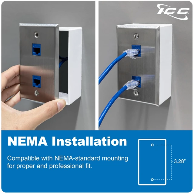 Alt view image 6 of 7 - ICC 2-Port Stainless Steel Keystone Wall Plate, 1-Gang, RJ45, 10-Pack | Brushed finish, UL 1863 ANSI/TIA-568-C compliant, 22 GA construction, Cat6 Cat5e HDMI RG6 banana plug AV insert compatibility